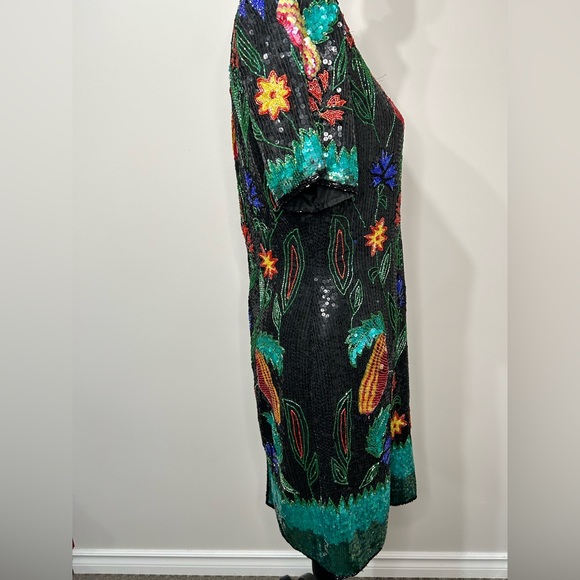 Vintage 80’s silk sequins fully beaded floral design knee length formal dress - Picture 5 of 16